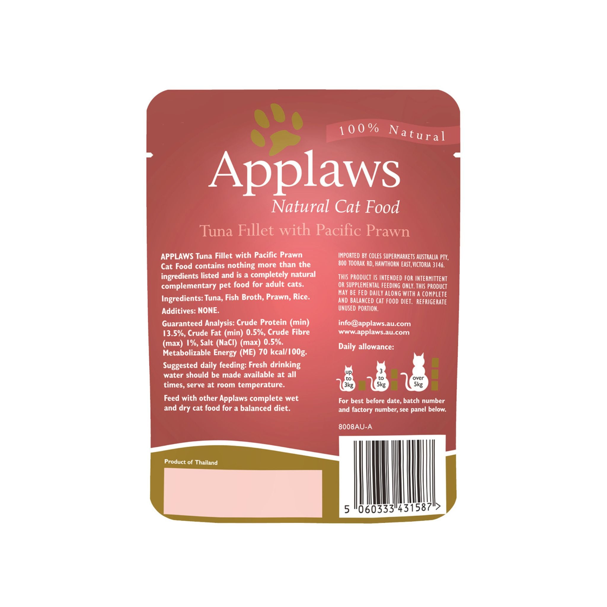 Applaws Cat Wet Food 70g Tuna Fillet with Pacific Prawns in Broth For Cat