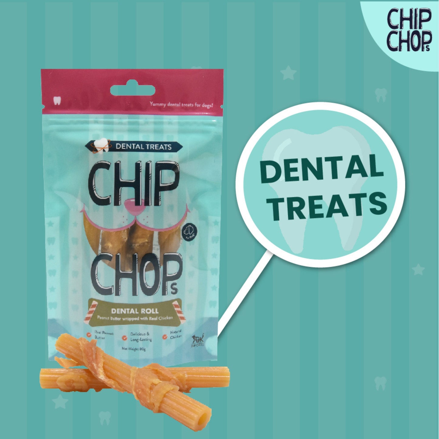 Chip Chops Dental Treats Peanut Butter Roll With Real Chicken 80g - Rufftail