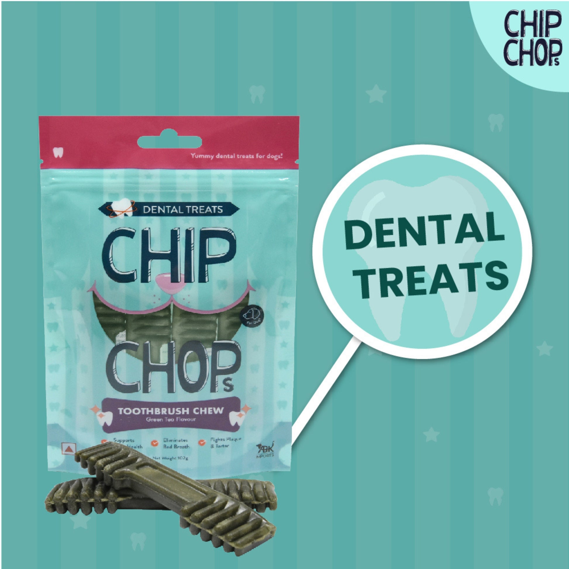 Chip Chops Dental Treats Chewing ToothBrush Chew Green Tea 102g - Rufftail