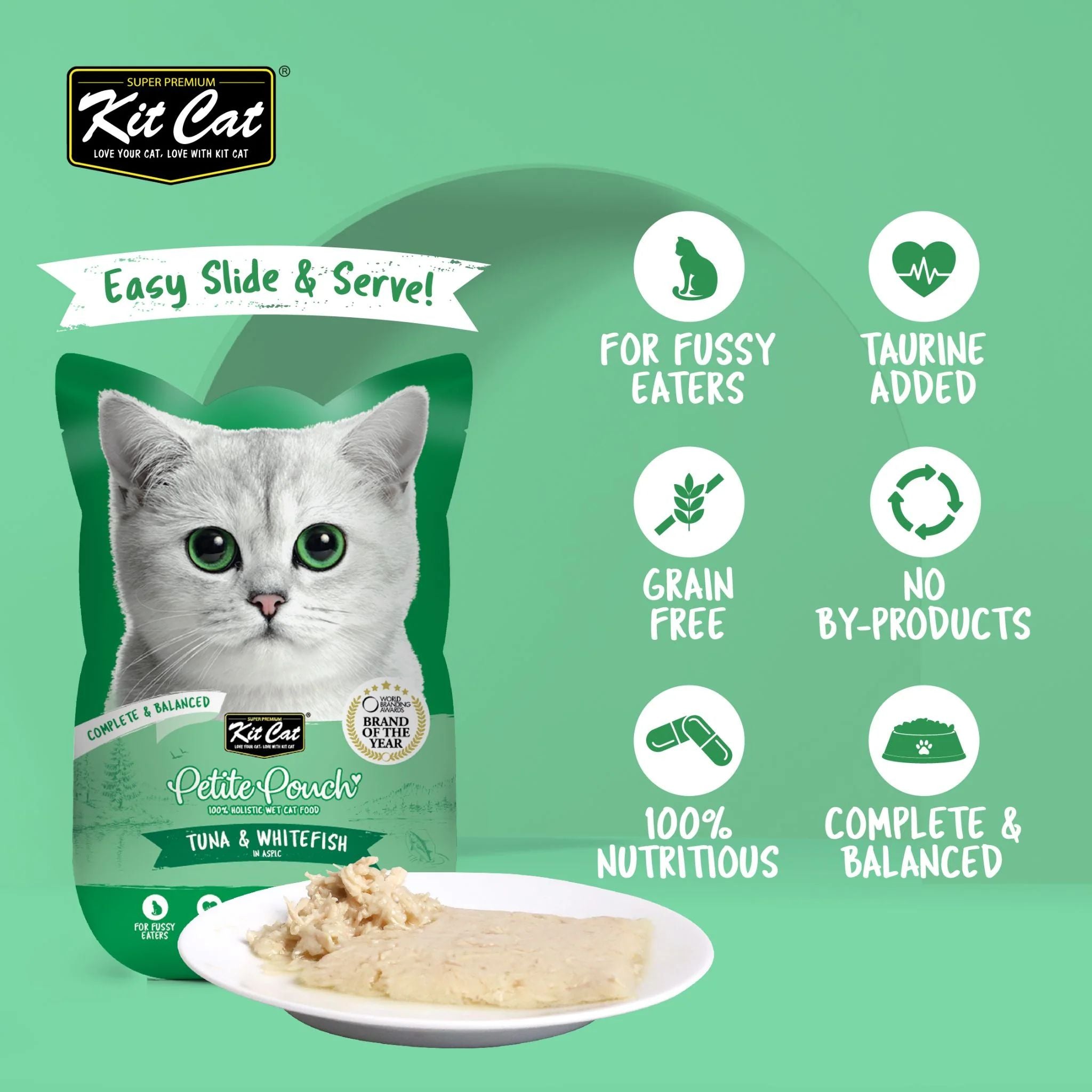 Kit Cat Petite Pouch Complete & Balanced Wet Cat Food - Tuna & White fish in Aspic 70g  For Cats