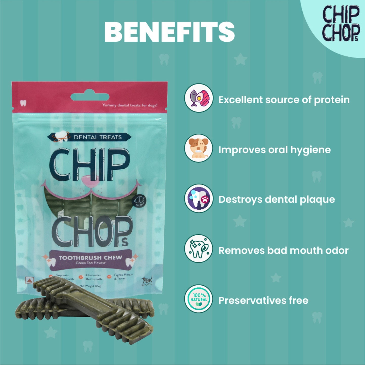 Chip Chops Dental Treats Chewing ToothBrush Chew Green Tea 102g - Rufftail